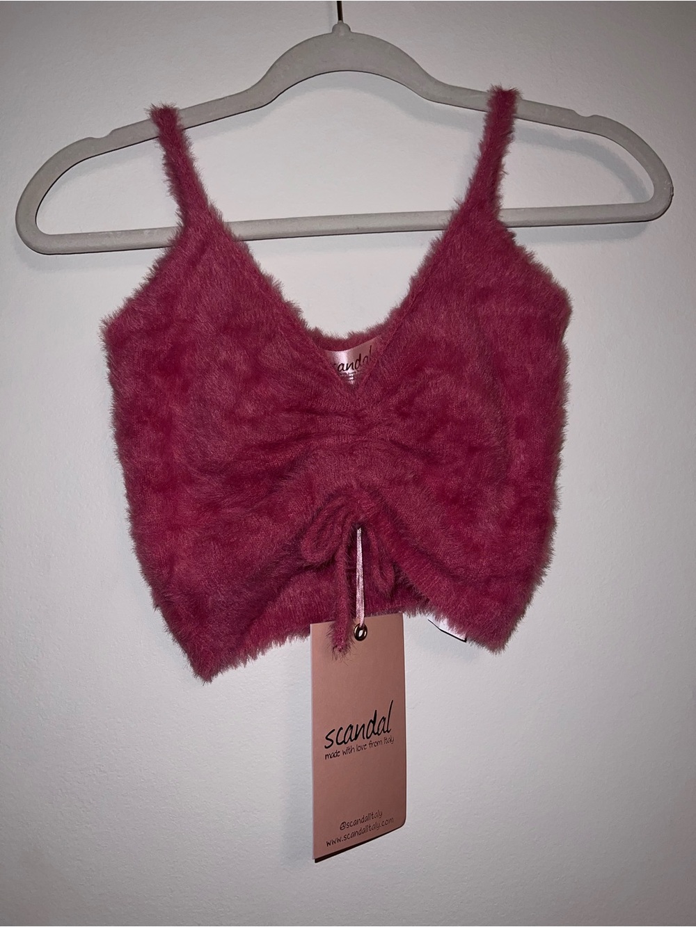 Scandal Fuzzy Ruched Crop Tank in Deep Rose Pink